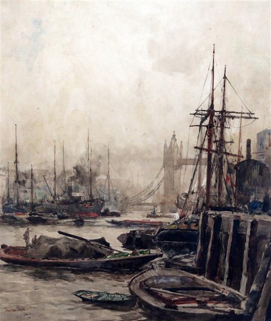 Charles Dixon (1872-1934) Shipping on the Thames with Tower Bridge 21 x 19in.
